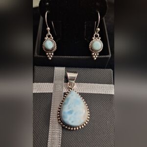 Larimar Natural Gemstone Pendant & Earrings Set in Silver